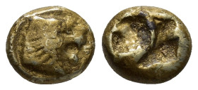KINGS of LYDIA. Alyattes. Circa 620/10-564/53 BC. EL Hekte – Sixth Stater (9mm, 1.7 g). Head of roaring lion / Two incuse squares