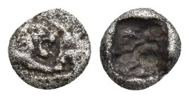 LYDIA. Croesus (561-546 BC). AR 1/24 stater (6mm, 0.37 g). Sardes. Confronted foreparts of lion right and bull left, both with outstretched foreleg / ...