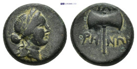 Lydia, Thyateira. Civic issue. 2nd century B.C. AE (13mm, 3.44 g) laureate head of Apollo right / ΘΥΑΤΕΙ / ΡΗ-ΝΩΝ, ethnic above and across handle of b...
