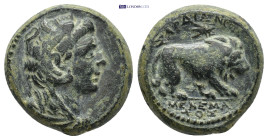 Lydia. Sardeis circa 200-133 BC. Bronze Æ (19mm, 10.0 g) Head of Herakles right, wearing lion skin, c/m: Monogram within incuse circle / ΣAPΔIANΩN,MEN...