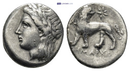 Ionia, Miletos. Circa 350-340 BC. AR Drachm (15mm, 3.56 g). Demainos, magistrate. Laureate head of Apollo left / Lion walking left, looking right; M b...
