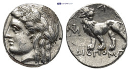 IONIA, Miletos. Circa 340-325 BC. AR Drachm (14mm, 3.52 g). Diopompos, magistrate. Head of Apollo left, wearing laurel wreath / Lion standing left, he...