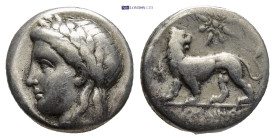 IONIA, Miletos. Circa 350-300 BC. AR Drachm (14mm, 3.50 g). Laureate head of Apollo left / Lion walking left, head turned back; monogram to left, star...