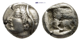 IONIA. Phokaia. (Circa 521-478 BC). AR Obol. (9mm, 1.29 g) Obv: Archaic female head left, wearing earring and helmet or close fitting cap.. Rev: Quadr...