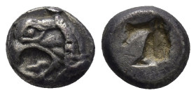Ionia, Phokaia AR Obol. Circa 521-478 BC. (1.3 g. 9mm ) Head of griffin to left / Rough incuse square.