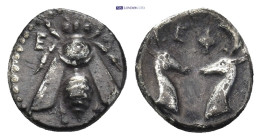 Ionia, Ephesos. AR Diobol. Circa 390-325 BC. 0.88 Gr. 10mm.
Obv: E - Φ. Bee. 
Rev. Confronted heads of stags.