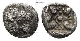 Ionia, Miletos, late 6th - ealry 5th cent. BC, AR diobol 1Gr. 9mm.
Forepart of lion left, head reverted left 
Rev. Star-like floral ornament within In...