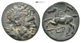 PISIDIA. Termessos. AE (Circa 71-36 BC). 5.6 Gr. 16mm.
 Laureate head of Zeus. 
Rev. Horse prancing left