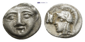 Pisidia, Selge AR Obol. (8mm, 0.9 g) Circa 3rd Century BC. Gorgoneion / Helmeted head of Athena left; astragalos before.