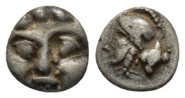 Pisidia, Selge. civic issue. Ca. 350-300 B.C. AR obol (9mm, 0.93 g). Facing Gorgoneion / Head of Athena left wearing crested Corinthian style helmet, ...