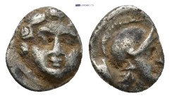 Pisidia. Selge circa 350-300 BC. Obol AR (10mm, 0.93 g) Gorgoneion / Head of Athena to right, wearing crested Attic helmet; behind, astragalos.