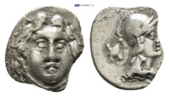 Pisidia. Selge circa 350-300 BC. Obol AR (16mm, 0.64 g) Gorgoneion / Head of Athena to right, wearing crested Attic helmet; behind, astragalos.