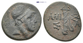 PONTOS. Amisos. Time of Mithradates VI (Circa 111-105 or 95-90 BC). AE. 5.14 Gr. 19mm.
 Helmeted head of Ares right.
Rev. Sword in sheath; monogram to...