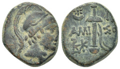 PONTOS. Amisos. Time of Mithradates VI, (Circa 111-105 or 95-90 BC).Ae. (18mm, 9.0 g) Obv: Ares right, wearing helmet. Rev: ΑΜΙ-ΣΟΥ Sword in sheath, s...
