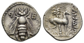 PHOENICIA. Arados. Circa 172/1-111/0 BC. Drachm (17mm, 3.18 g), CY 92 = 168/7. ꟼB Bee. Rev. APAΔIΩN Stag standing right; palm tree with two date clust...