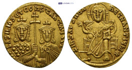 Basil I 'the Macedonian' AV Solidus. (18mm, 4.43 g) Constantinople, AD 870-871. bASILIOS ЄT COҺSTANT AЧGG b, crowned facing busts of Basil, with short...