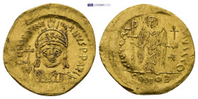 Justinian I AV Solidus. (20mm, 4.25 g) Constantinople, AD 527-565. D N IVSTINIANVS P P AVG, helmeted and cuirassed bust facing, holding globus crucige...