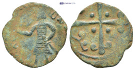 CRUSADERS, Edessa. Baldwin II. Second reign, 1108-1118. AE Follis 2.25 Gr. 20mm.
 Baldwin standing left, wearing conical helmet and chain-armor, holdi...