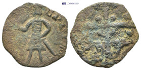 CRUSADERS, Edessa. Baldwin II. Second reign, 1108-1118. AE Follis 2.52 Gr. 20mm.
 Baldwin standing left, wearing conical helmet and chain-armor, holdi...