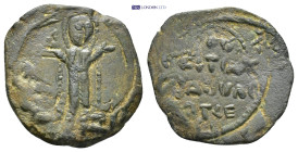 CRUSADERS. Antioch. Roger of Salerno (Regent, 1112-1119). Ae Follis. (22mm, 3.44 g) Obv: Theotokos standing facing, orans. Rev: KЄ BOHΘ/ЄITω C/ω ΔOVΛO...