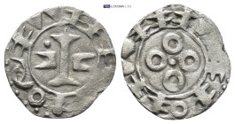 France, Feudal. Languedoc. Melgueil (bishopric). 12th-13th centuries A.D. AR denier (22mm, 1.08 g). Imitating Narbonne. Cross formed of fasces / Four ...