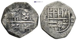 SPAIN. Philip II. 1556-1598. AR 2 Reals (21mm, 6.56 g). Seville mint. Coat-of-arms of Spain within polylobe; quadrate Ds outside lower quadrants. / Cr...