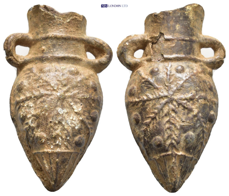 Amphora-Shaped Pilgrim's Ampulla. A lead ampulla in the shape of an amphora with...