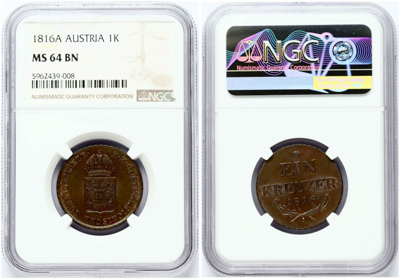 Austria. Franz II (1804-1835). 1 Kreuzer 1816 A. Copper. KM 2113. NGC MS 64 BN
...