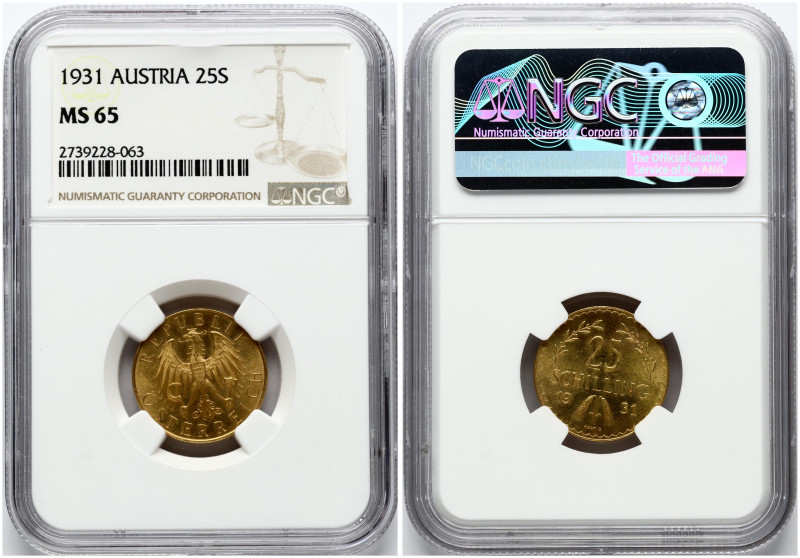 Austria. 25 Schilling 1931. Gold .900, 5.881g. KM-2841, Fr-521. NGC MS 65.

MS...
