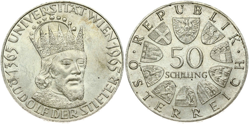 Austria. 50 Schilling 1965 Vienna University 600 years. Silver 20.11 g. KM 2898....