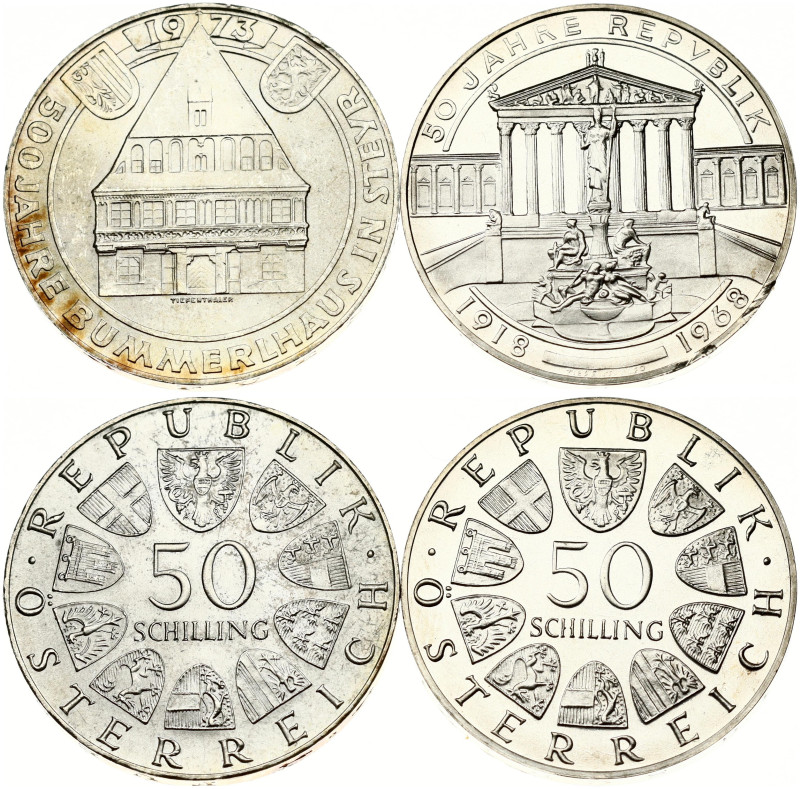 Austria. 50 Schilling 1968 50th Anniversary of the Republic & 1973 Bummerl House...