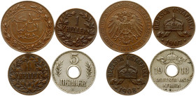 German East Africa 1 - 5 Heller 1891-1913 Lot of 4 coins