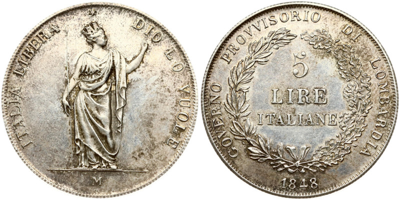 Italy, Lombardy. 5 Lire 1848 M. Silvered brass 23.52 g. Edge Reeded. C-22. Colle...