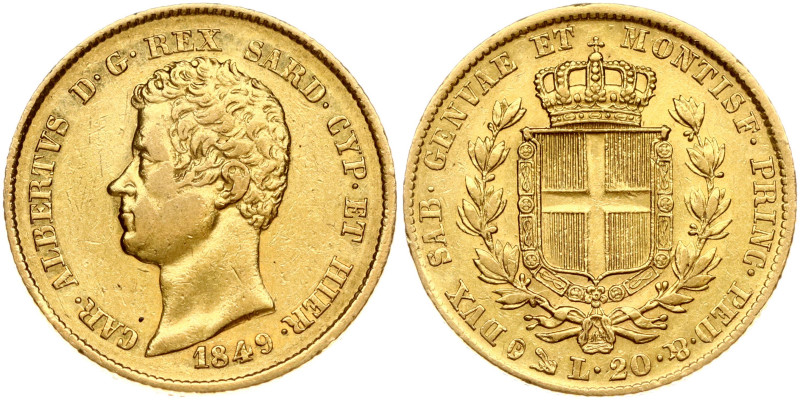 Italy, Sardinia. Carlo Alberto(1831-1849). 20 Lire 1849 P. Gold 6.41 g. Fr. 1143...