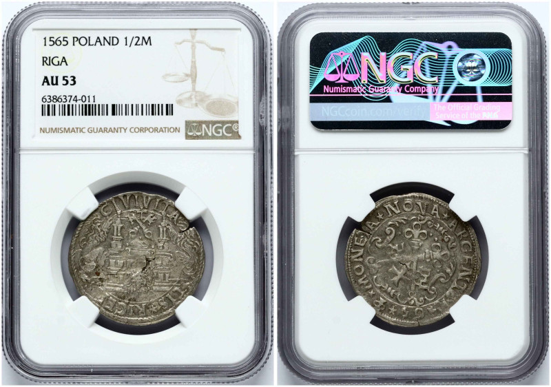 Livonia, Riga. 1/2 Mark 1565. Silver. Haljak II-978a; Kop. 8053 (R3). NGC AU 53 ...