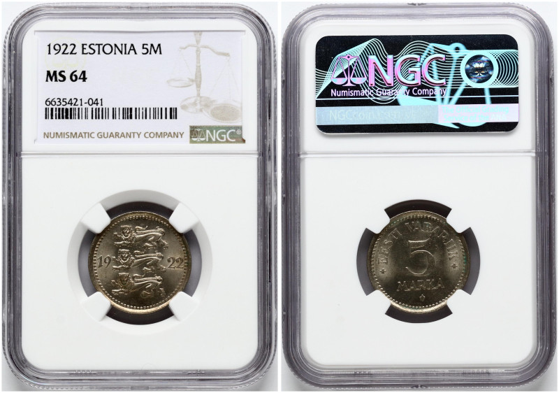 Estonia. 5 Marka 1922. Copper-nickel. KM-3, Kaupo Lann-8. NGC MS 64.

MS 64
