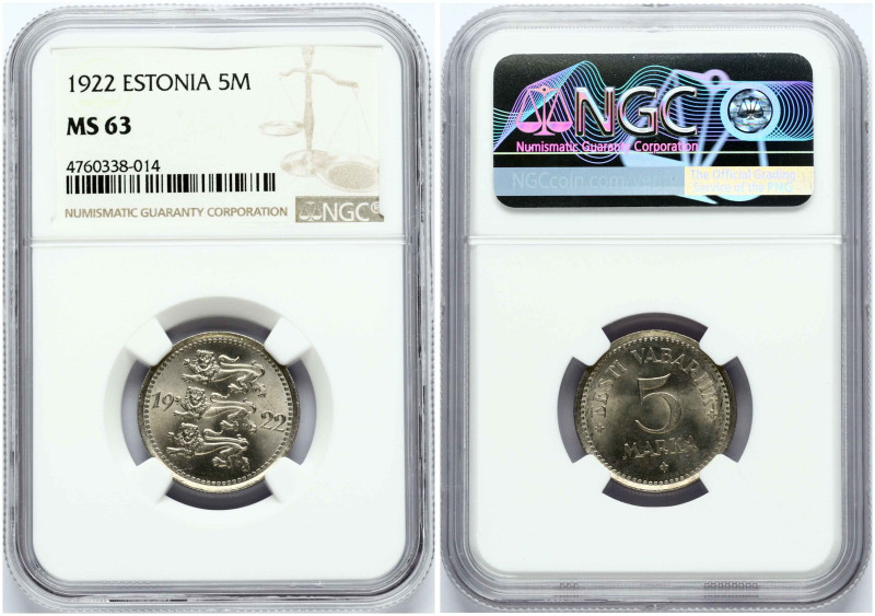 Estonia. 5 marka 1922. Copper-nickel. KM 3. NGC MS 63

MS 63