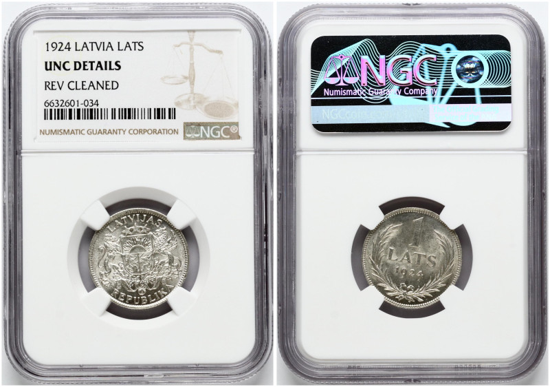 Latvia. 1 Lats 1924. Silver. KM-7. NGC UNC DETAILS.

UNC det