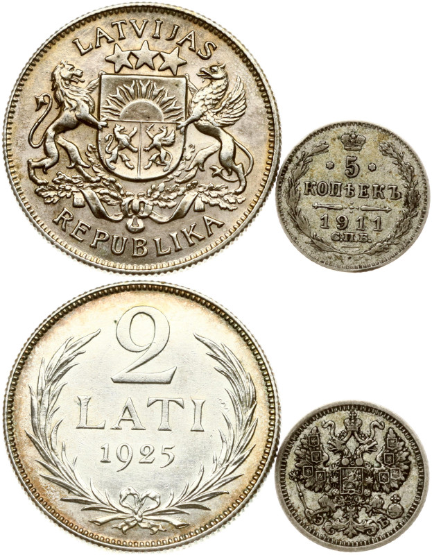 Latvia. 2 Lati 1925 & Russia 5 Kopecks 1911 СПБ ЭБ. Silver total weigh 10.81 g. ...