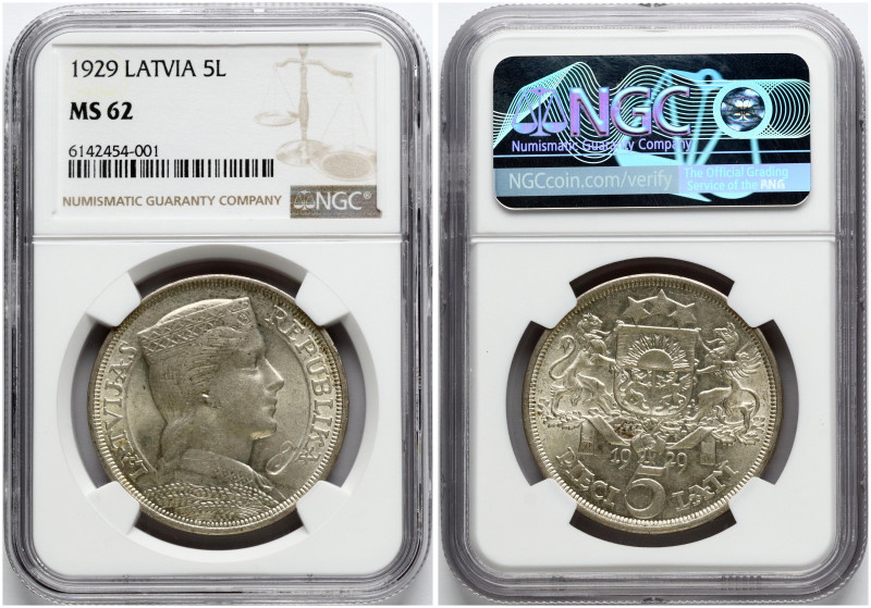 Latvia. 5 Lati 1929. Silver. KM 9. NGC MS 62.

MS 62
