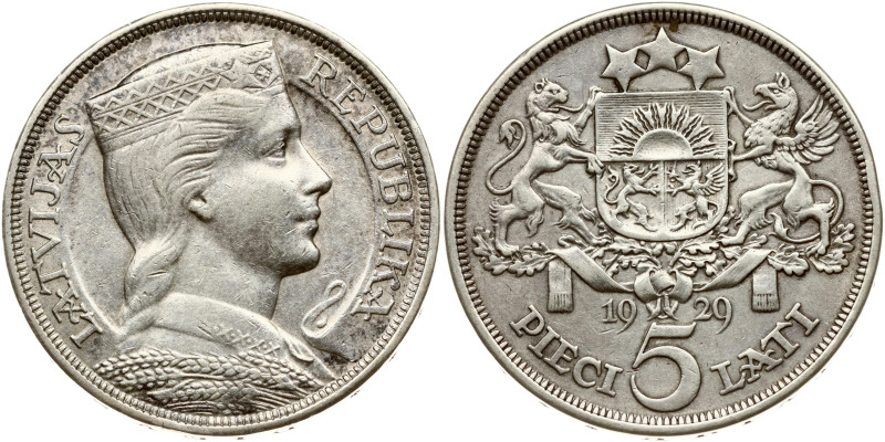 Latvia. 5 Lati 1929. Silver 24.85 g. KM-9.

VF
