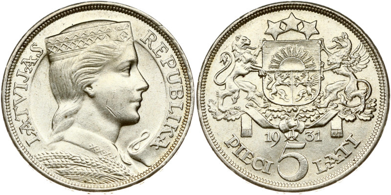 Latvia. 5 Lati 1931. Silver 24.97 g. KM-9.

XF/AU