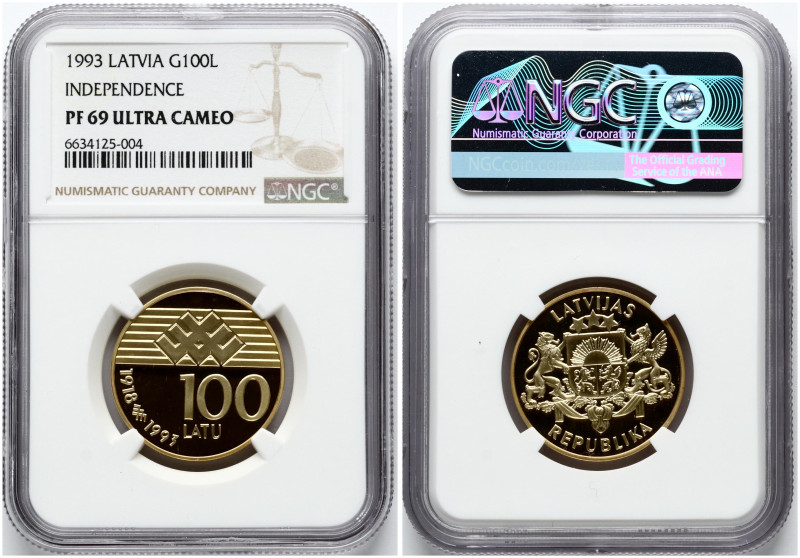 Latvia. 100 Latu ND (1993) Proclamation of the Republic of Latvia. Gold .583, 13...