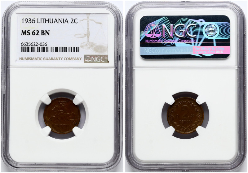 Lithuania. 2 Centai 1936. Bronze. KM-80. NGC MS 62 BN.

MS 62 BN