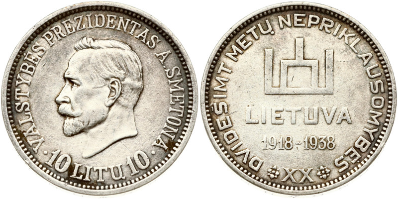 Lithuania. 10 Litu 1938 Smetona - 20th Anniversary of Republic. Silver 17.73 g. ...