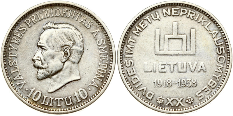 Lithuania. 10 Litu 1938 Smetona - 20th Anniversary of Republic. Silver 18.00 g. ...