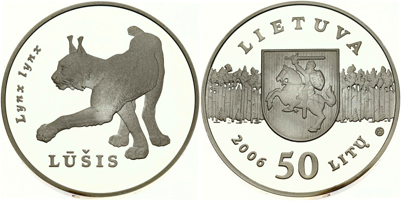 Lithuania. 50 Litu 2006 Lynx. Silver .925, 28.42 g. KM-148. With paper box & cer...