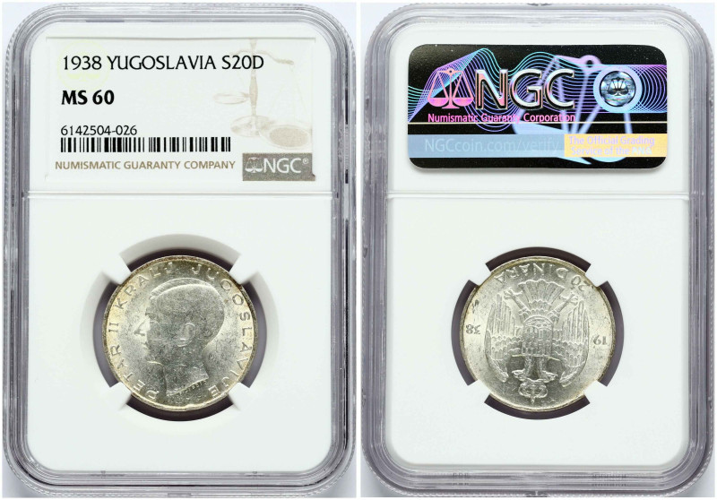 Yugoslavia. Petar II (1934-1945). 20 Dinara 1938. Silver. KM 23. NGC MS 60

MS...