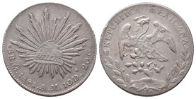 Mexiko, Republik seit 1821, 8 Reales 1891MO, Mexico. 27,06 g. K/M 377.2. Hübsche Patina, kl. Randfehler, fast vorzüglich