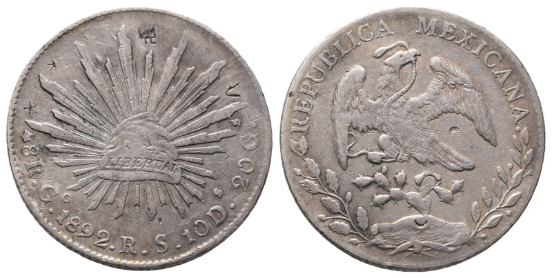 Mexiko, Republik seit 1821, 8 Reales 1892 GO, Guanajuato. 26,83 g. Mit chinesisc...